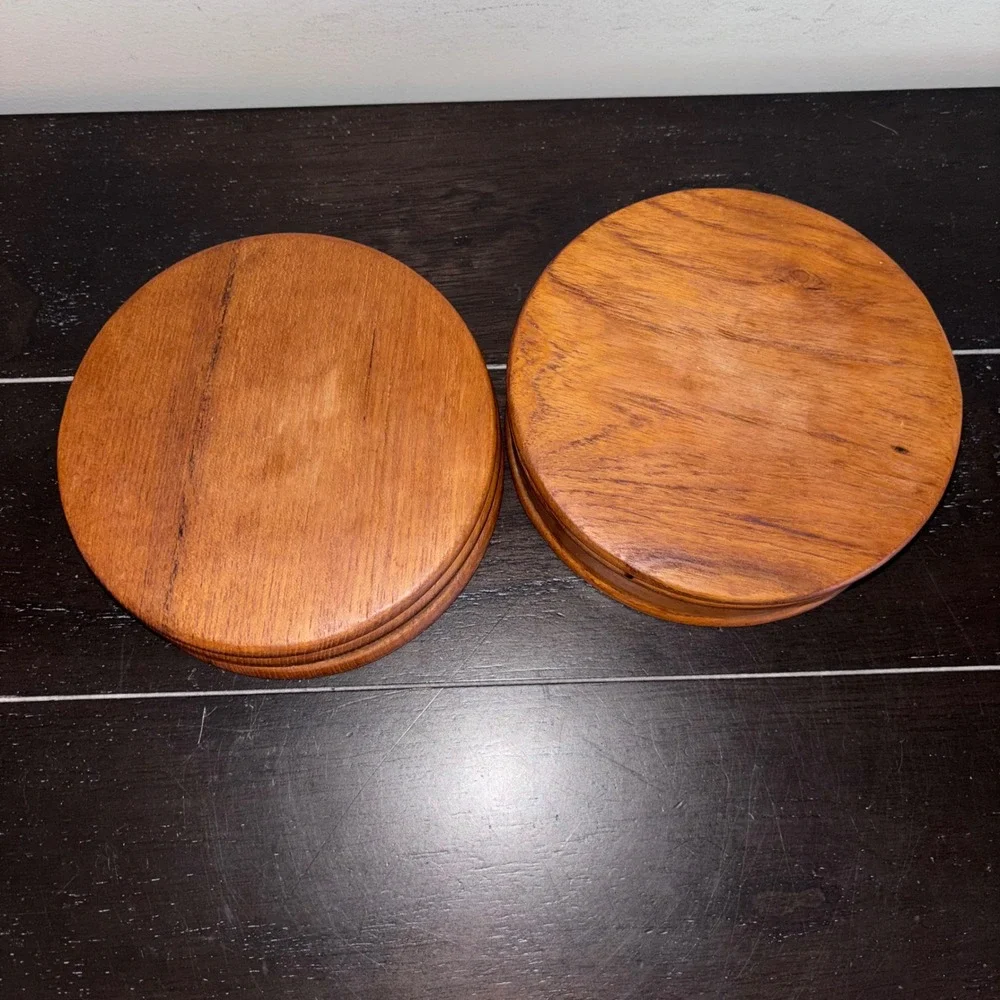 Vintage Hand Turned Solid Wood Ribbed Bowls | Set of 2 | Brown | MCM |‎ 6 inch